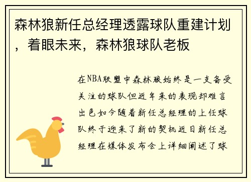 森林狼新任总经理透露球队重建计划，着眼未来，森林狼球队老板