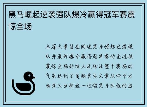 黑马崛起逆袭强队爆冷赢得冠军赛震惊全场